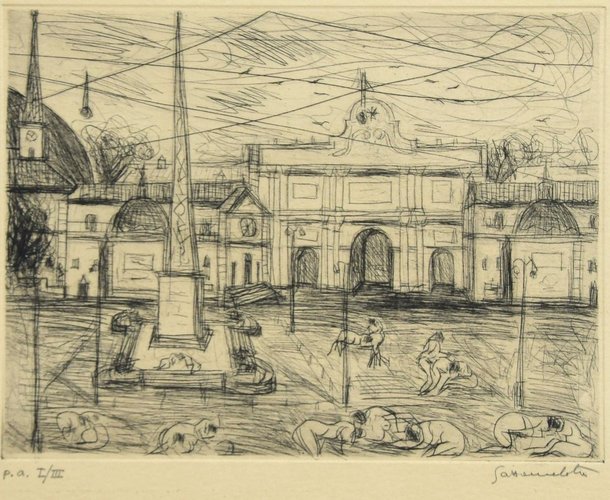 View of Piazza del Popolo, Rome Etching by N. Gattamelata Late 20th