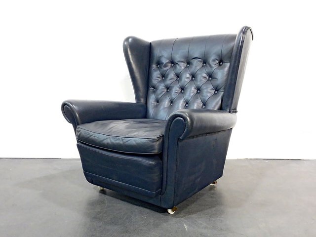 Vintage English Queen Anne Style Blue, Grey Leather Armchair