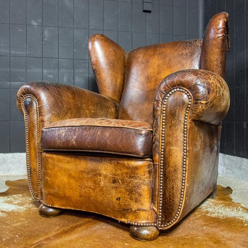 Vintage Brown Leather Wing Chair For Sale At Pamono