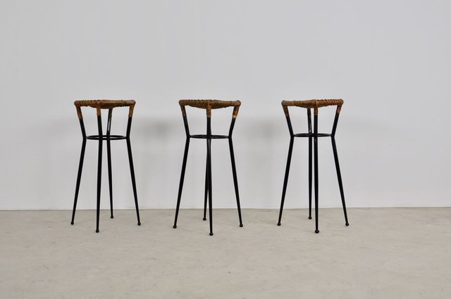 Round Rattan Bar Stools From Spirit Noordwolde 1960s Set Of 3 For Sale At Pamono