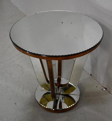 Small Mirrored Glass Walnut Side, Circle Mirrored Side Table