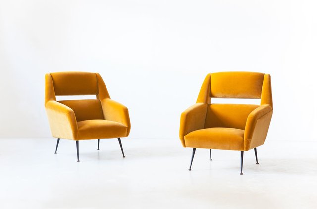Italian Senape Yellow Velvet Lounge Chairs By Gigi Radice 1950s Set Of 2 For Sale At Pamono