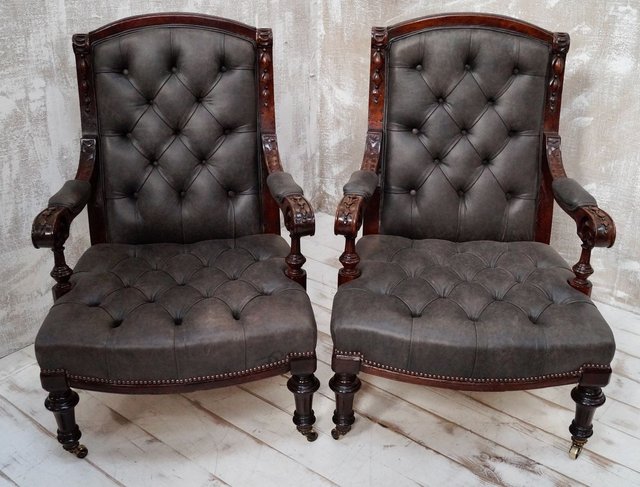 Leather On Back Library Chairs Set, Leather Library Chair
