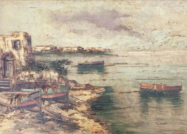 Alberto Corsini, 1933, The Beach at Naples at Dusk, Oil on Canvas