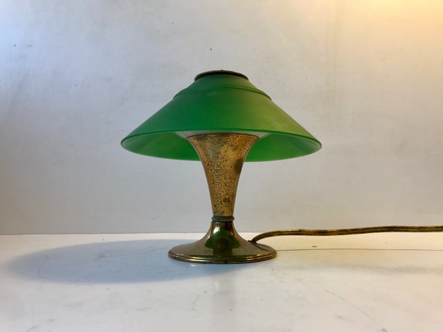 Vintage Italian Table Lamp In Brass, Classic Green Glass Desk Lamp