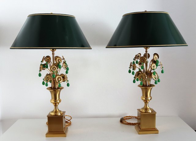 Mid Century French Green Glass Table Lamps With Metal Flowers From Maison Jansen 1970s Set Of 2 For At Pamono Mid Century French Green Glass Table, Antique Green Glass Table Lamp