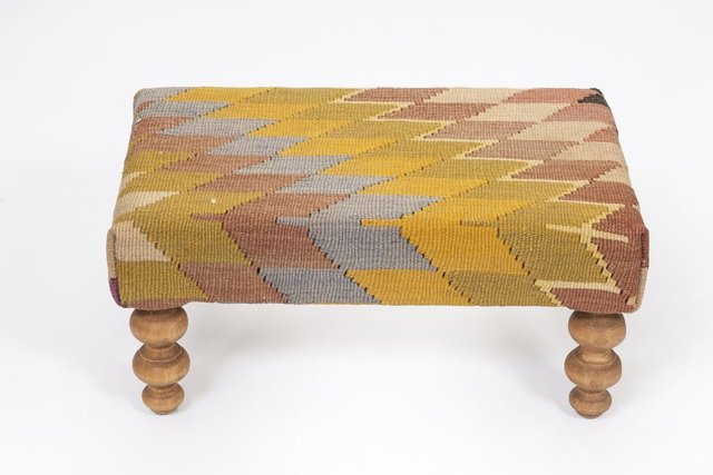 Turkish Kilim Ottoman With Wood Legs, Wooden Footstool With Cushion