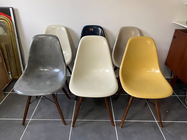 Mid Century Navy Blue Walnut Dsw Dining Chairs By Charles Ray Eames For Herman Miller Set Of 6 For Sale At Pamono