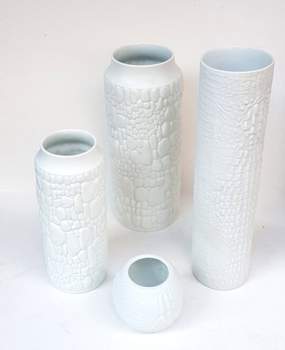 White Biscuit Vases with Reptile Decor from Kaiser, 1970s, Set of 4