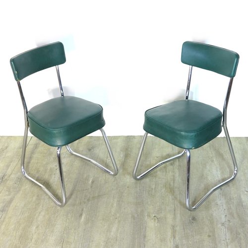 Industrial Steel Tube Chairs with Green Covers, 1950s, Set of 2 for