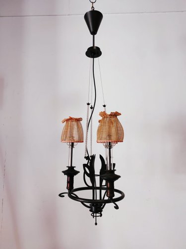 Vintage Wrought Iron Chandelier With, Pink Chandelier Lampshades