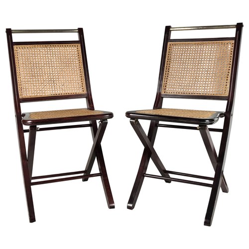 Folding Chairs Mid-Century Italian Wood, Brass & Rattan Folding Chairs, Set of 2 for sale  at Pamono