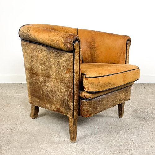 Vintage Worn Sheep Leather Chair For, Low Leather Chair