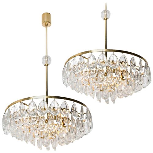 Lustres en Laiton Doré et Cristal à Facettes par Palwa, 1960s, Set de 2 ...