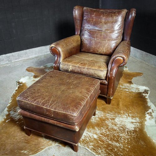 Vintage Brown Leather Chair With, Leather Chair And Ottoman Sets