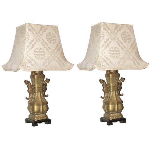 Chinese Bronze Urn Table Lamps With, Asian Silk Lamp Shades