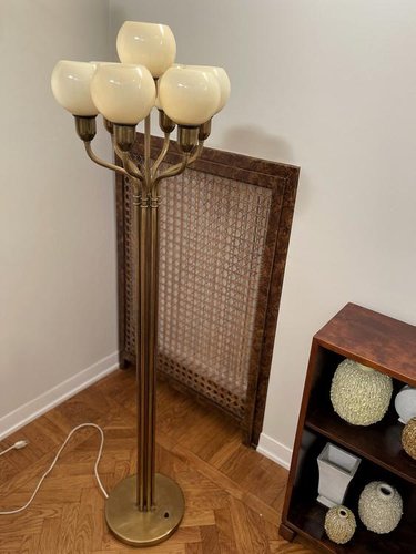 Art Deco Floor Lamp In Brass And Glass, Art Deco Floor Lamp Shades
