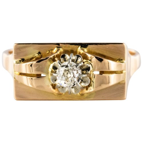Retro 1940's Vintage Tank Ring Old European Cut Diamond 18K Gold