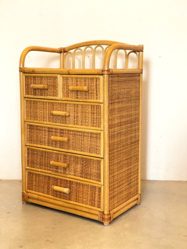 Schrank mit Schubladen aus Korbgeflecht und Bambus, 1980er bei Pamono