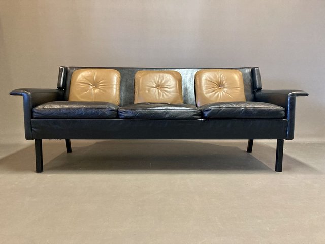 Scandinavian Black Leather Sofa 1950, Sorensen Leather Sofa