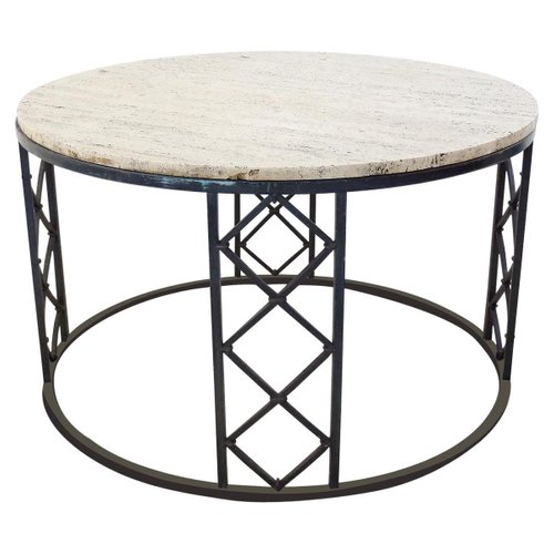Travertine And Wrought Iron Circular, New Orleans Side Table