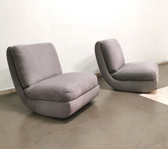 Mid Century Curved Armchairs In Gray Velvet Italy 1970s Set Of 2 For Sale At Pamono