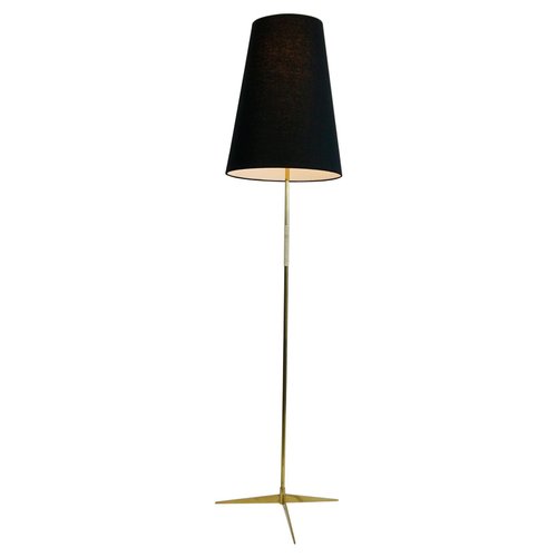 Austrian Mid Century Brass Floor Lamp, Large Black Shade Floor Lamp