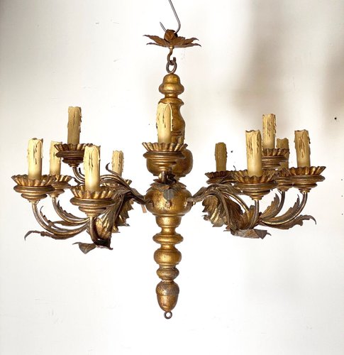 Antique Chandelier in Wood and Gilt Iron, 1700s for sale at Pamono