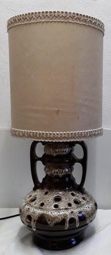 Vintage Fat Lava Style Ceramic Table Lamp with Beige Parchment Shade Openwork Base with Interior Lighting 1970s for sale at Pamono