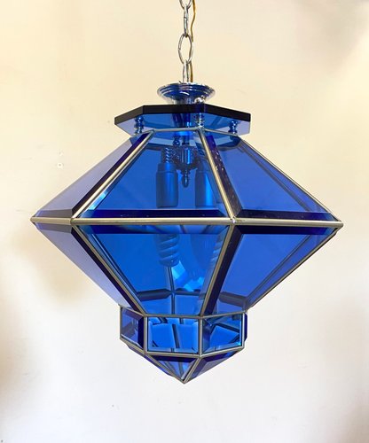 Blue Glass Ceiling Lamp 1960s For, Glass Lantern Chandelier Blue