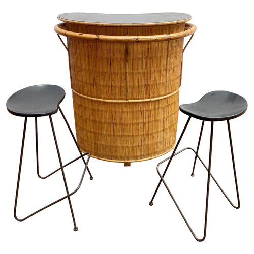 Mid-Century Bamboo Bar and 2 High Stools, 1960s, Set of 3 for sale at ...