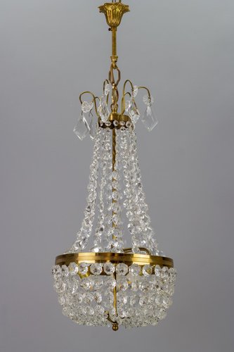 Vintage Brass And Crystal Glass Basket, Antique Brass Glass Chandelier