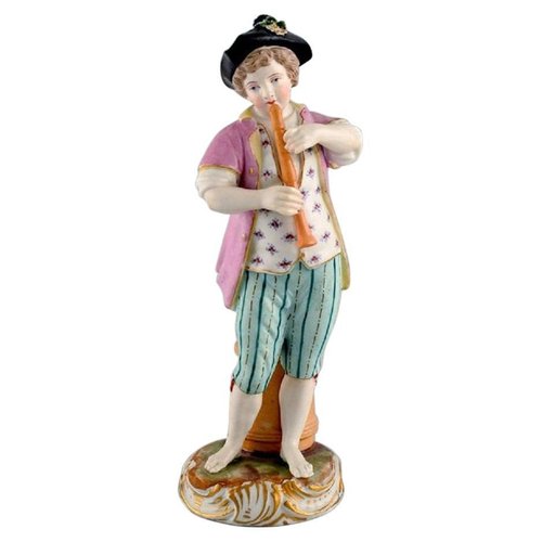 Antique Meissen Figure of Boy Playing Flute in HandPainted Porcelain