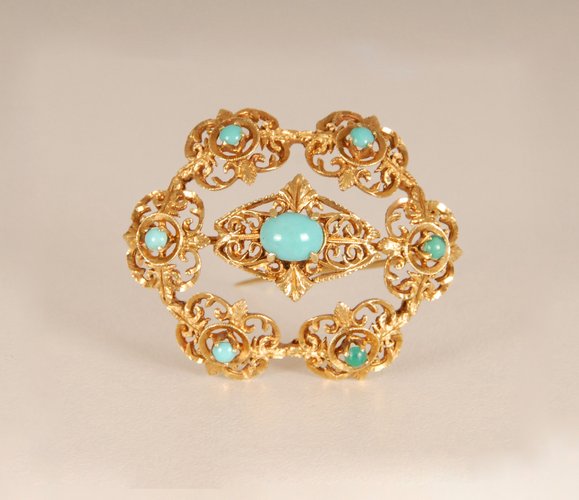 Antique Victorian Yellow Gold Turquoise Brooch for sale at Pamono