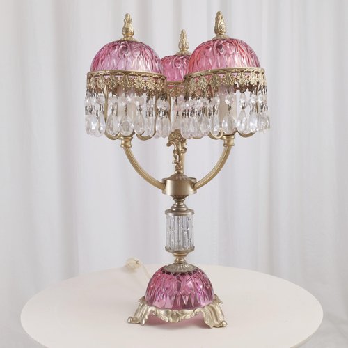 Vintage French Prism Boudoir Table Lamp, Antique French Glass Lamp Shades
