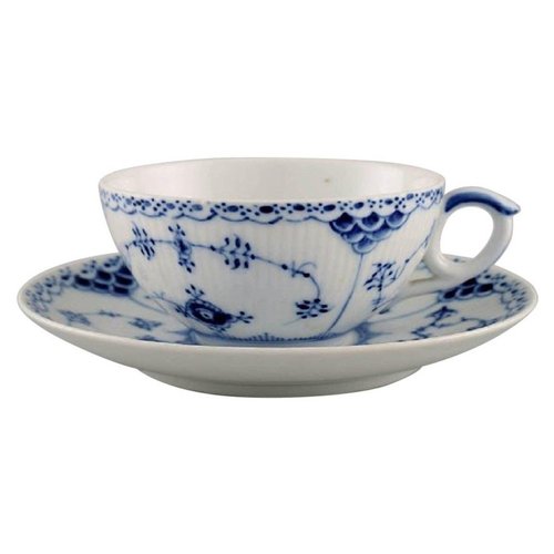 Royal Copenhagen Model Number 1/525 Blue Fluted Half Lace Teacup with  Saucer, Set of 2