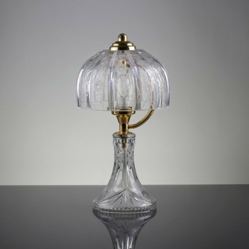 Mid Century Table Lamp in Engraved Crystal Glass Brass 1960s