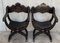 19th-Century Carved Walnut Tooled Leather Savonarola Armchairs, Set of 2 3