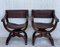 19th Century Folding Carved Walnut and Leather Bench, Set of 2 2