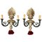 French Two-Light Gilt Metal and Wood Sconces, Set of 2, Image 1