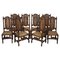 Sillas de comedor trono jacobeas talladas con asientos de cuero grabados y pintados a mano. Juego de 8, Imagen 1