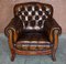 Antique Art Nouveau Chesterfield Brown Leather Living Room Set, Set of 3 4