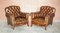 Antique Art Nouveau Chesterfield Brown Leather Living Room Set, Set of 3 2