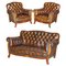 Antique Art Nouveau Chesterfield Brown Leather Living Room Set, Set of 3 1