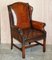 Hand Dyed Brown Leather Chesterfield Wingback Armchairs, Set of 4 2