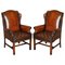 Hand Dyed Brown Leather Chesterfield Wingback Armchairs, Set of 2, Image 1