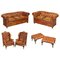 Victorian Brown Leather Chesterfield Sofa, Armchairs & Stool Suite, Set of 6 1