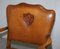 Edwardian Oak & Brown Leather Coat of Arms Armorial Crest Smart Club Armchairs, Set of 2 4