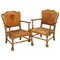 Edwardian Oak & Brown Leather Coat of Arms Armorial Crest Smart Club Armchairs, Set of 2 1