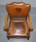 Edwardian Oak & Brown Leather Coat of Arms Armorial Crest Smart Club Armchairs, Set of 2 7
